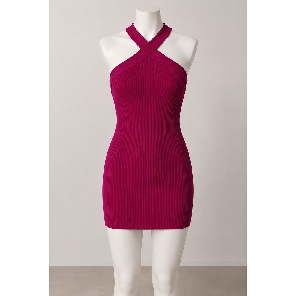 House of Harlow 1960 Ribbed Halter Mini Dress Magenta Berry Pink Small